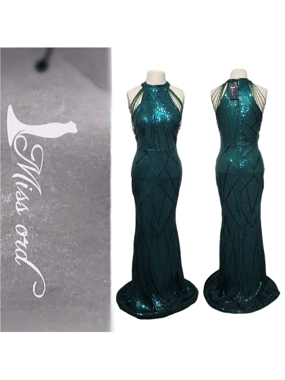 Emerald Green Sequin Halter Evening Gown